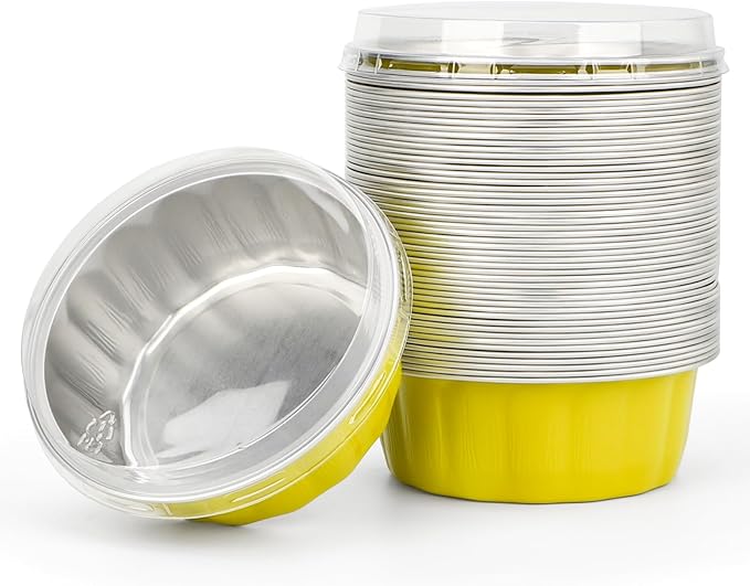 Beasea Aluminum Cups for Baking, 8oz 50 Pack Disposable Ramekins with Lids, Lemon Yellow Aluminum