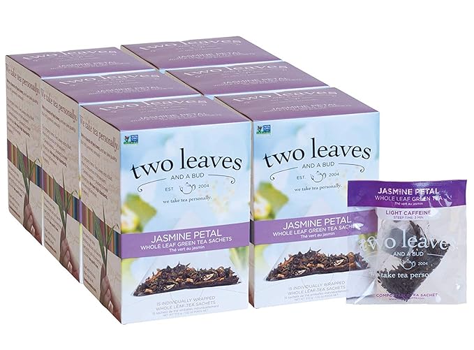 Two Leaves and a Bud Jasmine Green Tea Bags, 15 Count (Pack of 6) Whole Leaf Green Tea in Pyramid