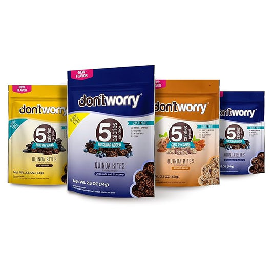 Don't Worry Chocolate, Blue Berry, Almond Quinoa Bites 4 Pack- Low Calorie Keto Snacks, Only 5
