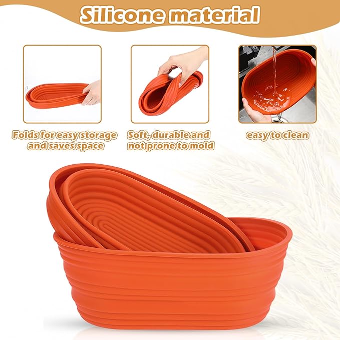 Nuogo 4 Pack Oval Bread Proofing Basket Silicone 10 Inch Collapsible Sourdough Bread Baking