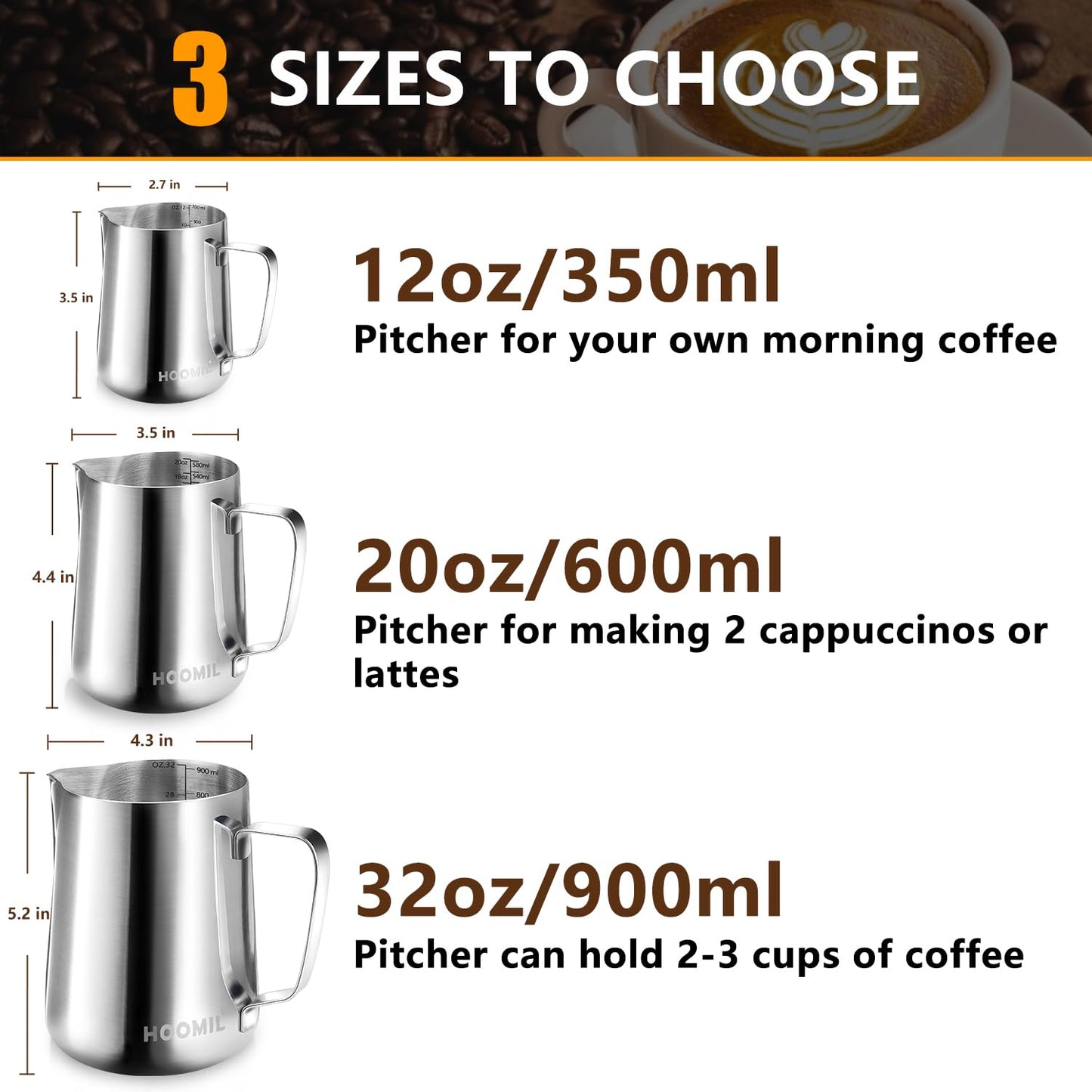HOOMIL Milk Frothing Pitcher, 12oz/20oz/32oz 304 Stainless Steel