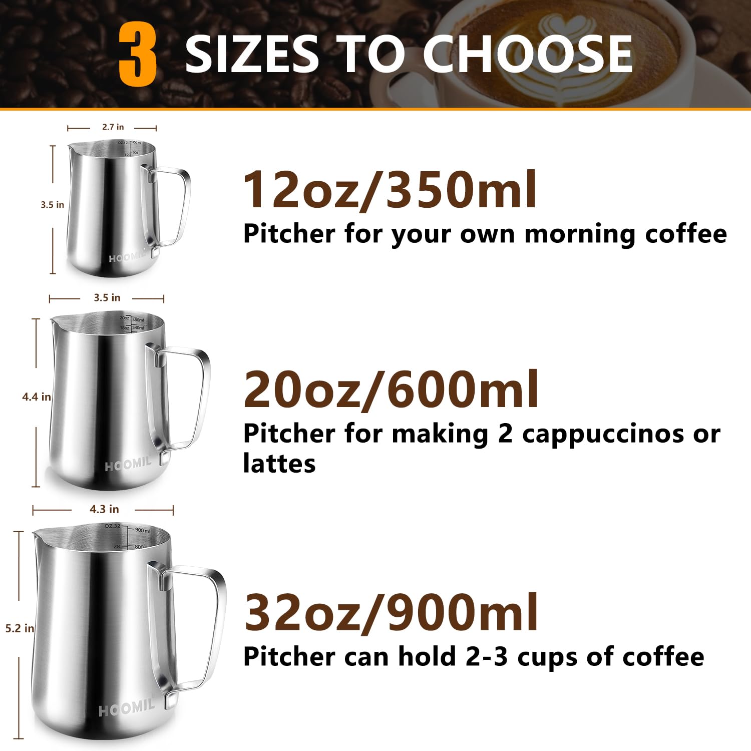 HOOMIL Milk Frothing Pitcher, 12oz/20oz/32oz 304 Stainless Steel