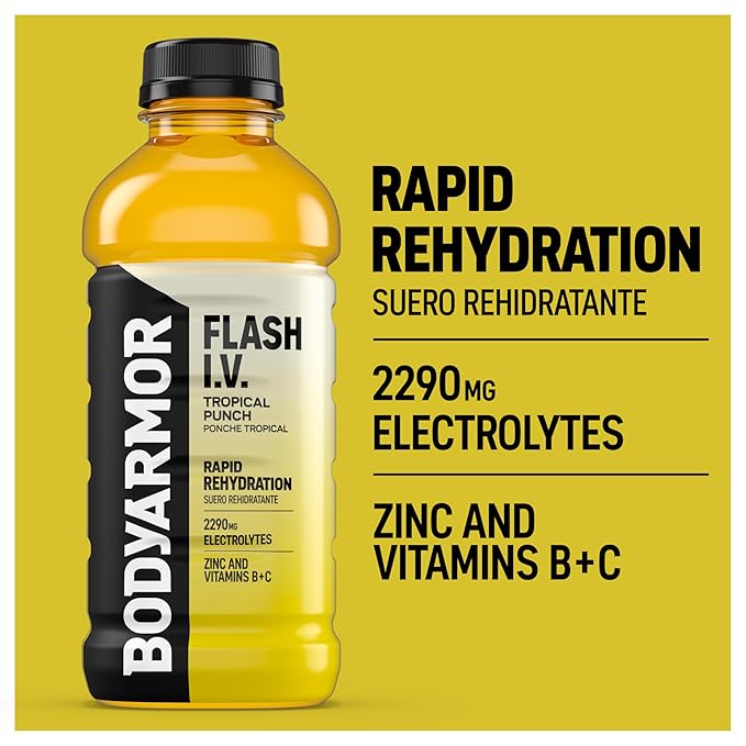 BODYARMOR Flash I.V. Electrolyte Beverage, Tropical Punch, Hydration Drink with Coconut Water For