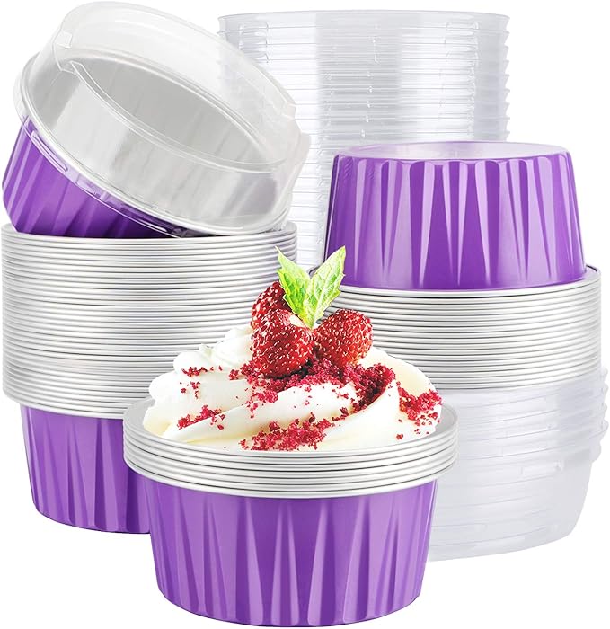 EUSOAR Baking Cups Aluminum Foil, 5oz 50pcs Reusable Cupcake Cups with Lids, 3.34"x2.59"x2.35"