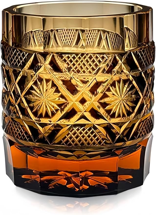 suigetsu Japanese Crystal Whiskey Glass, Cut Crystal Pattern, Luxury Cocktail Glassware (Red Gold