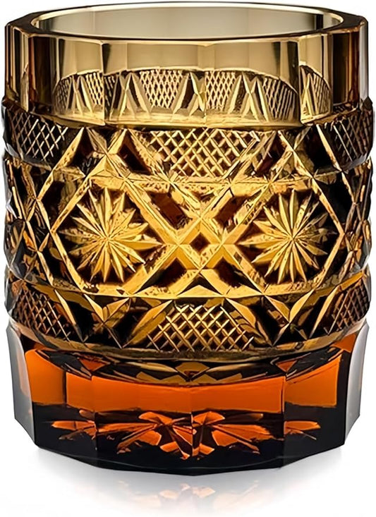suigetsu Japanese Crystal Whiskey Glass, Cut Crystal Pattern, Luxury Cocktail Glassware (Red Gold
