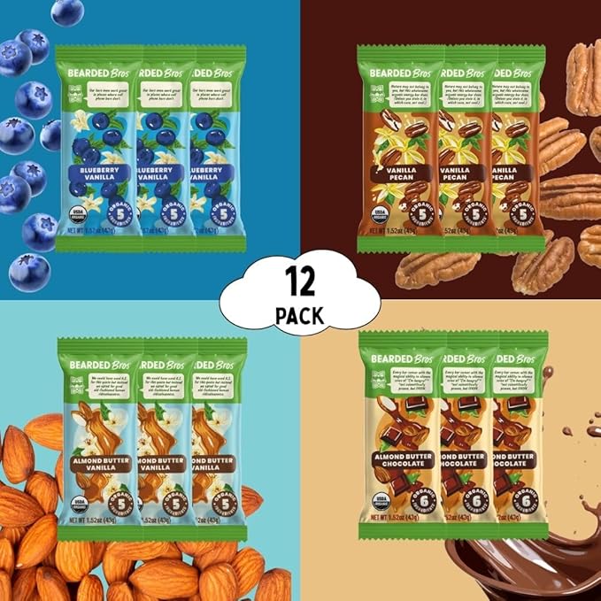 Bearded Brothers, Organic Vegan Protein Energy Bars, 4 Flavor Variety (12 Pack) - Gluten Free