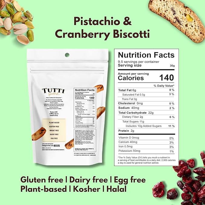 Tutti Gourmet Gluten Free Pistachio & Cranberry Biscotti, 9.9 oz (283g) Resealable Cookie Bag