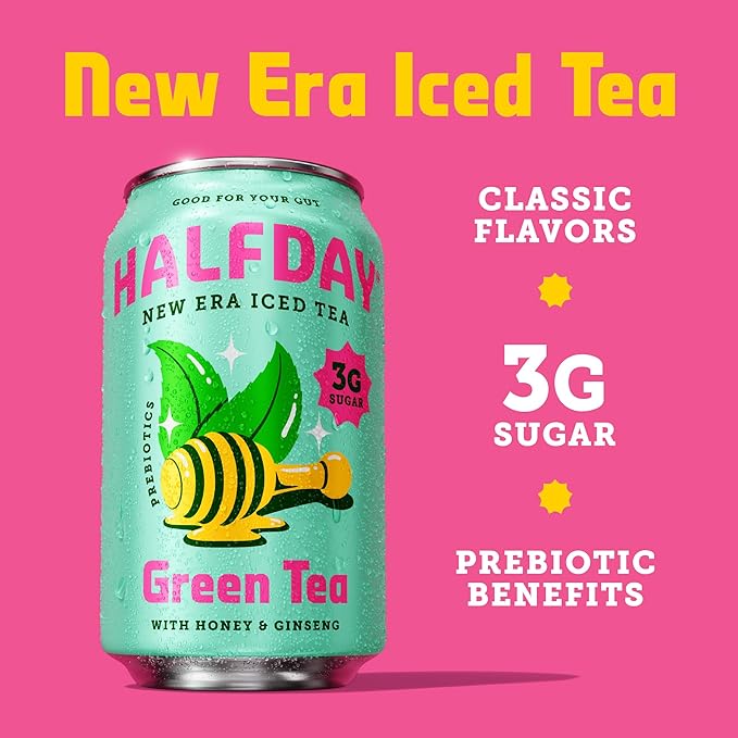 HALFDAY Prebiotic Green Tea with Honey & Ginseng, Supports Digestive & Gut Health, 6g Plant Fiber