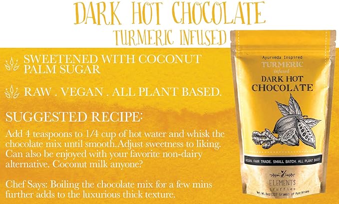 Elements Truffles Turmeric Dark Hot Chocolate - Heavy Metal Tested - All-Natural, Handmade Dark