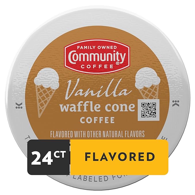 Community Coffee Vanilla Waffle Cone Ice Cream Flavored, 24 Count Coffee Pods, Compatible with