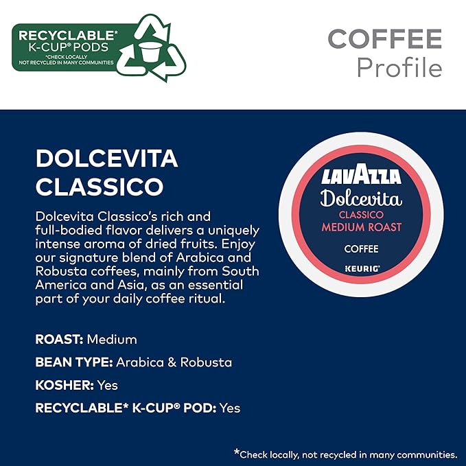 Lavazza Dolcevita Classico, Single-Serve Keurig K-Cup Pods, Medium Roast Coffee, 60-Count Box (6