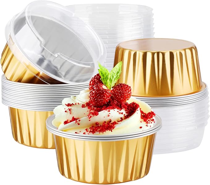 EUSOAR Disposable Ramekins Aluminum Foil, Gold 25Packs 5oz Baking Cups with Lids Mini Muffin