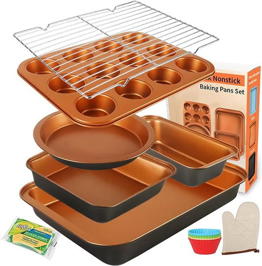 Baking Pans Set 6-Pieces, Non Stick Bakeware Set Stackable, with Cookie Sheet, Muffin, Round/Square
