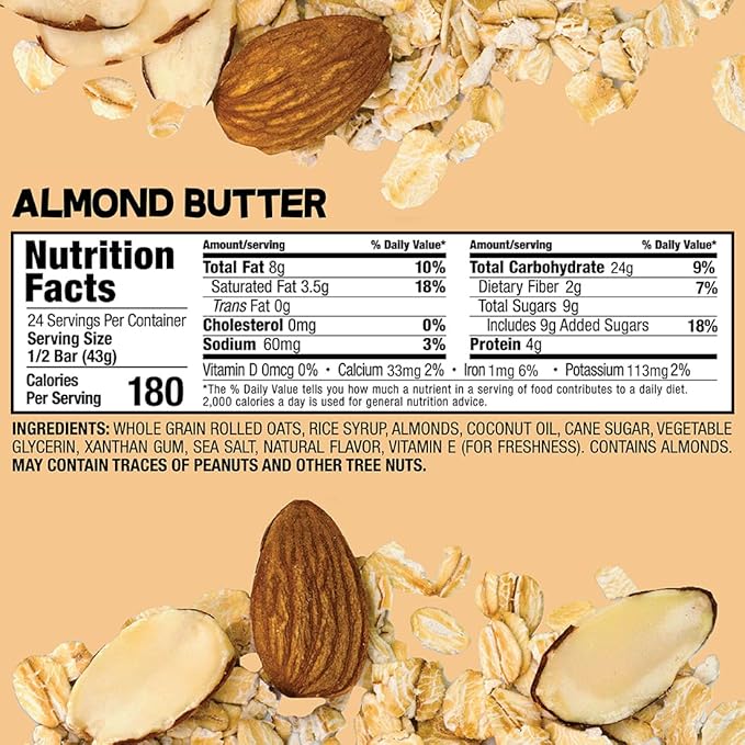 Bobo's Oatmeal Bars, Almond Butter, Gluten Free Vegan Whole Grain Oat Bars, Pack of 12