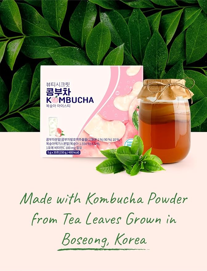 Korean Kombucha Peach Iced Tea Powder – 5g x 30 Sticks | Zero Sugar, Low Calorie, Sparkling Black