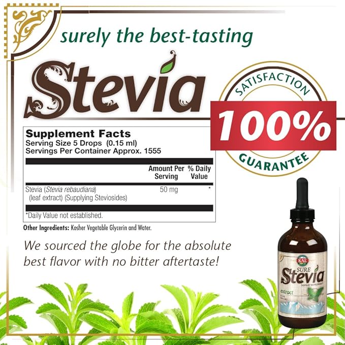 KAL Sure Stevia Extract Zero Calorie Sweetener, Low Carb, Plant Based Liquid Stevia Drops, Great
