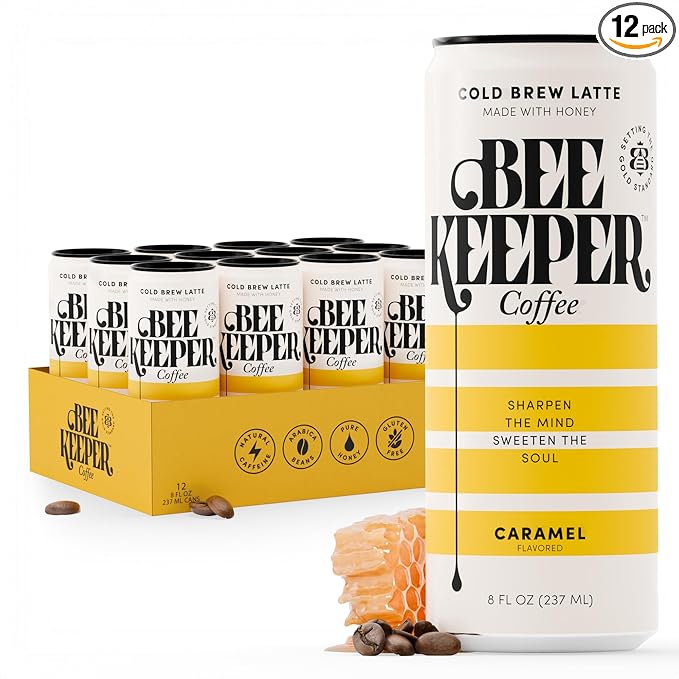 Beekeeper Coffee Cold Brew Caramel Latte with Oregon Honey, 8 fl oz cans (Pack of 12)