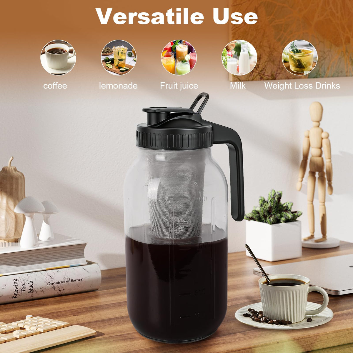 QHH Cold Brew Coffee Maker,64 oz Mason Jar Pitcher with Stainless Steel Filter, Pour Spout Handle