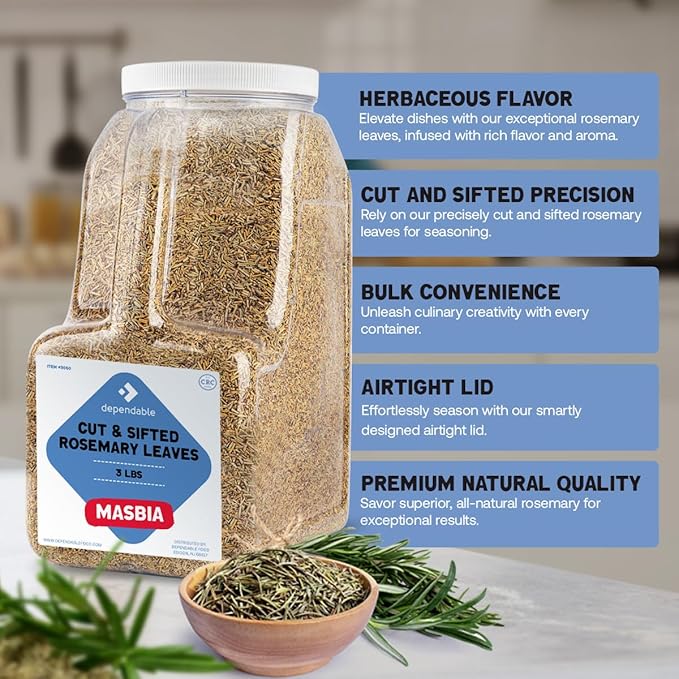 Dependable Food Rosemary Leaves Cut & Sifted - 3 Lb. Jar - Bulk, Kosher, Rosemary Herb for Chefs
