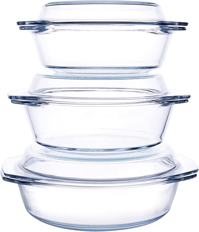 Set of 6 Pieces Round Tempered Glass Casserole Dish with Lids, Glass Casserole Baking Dish Set for