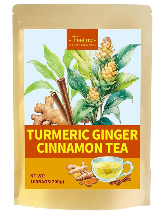 TeeLux Turmeric Ginger Cinnamon Tea, Natural Turmeric Herbal Tea with Ginger and Cinnamon, Spicy &