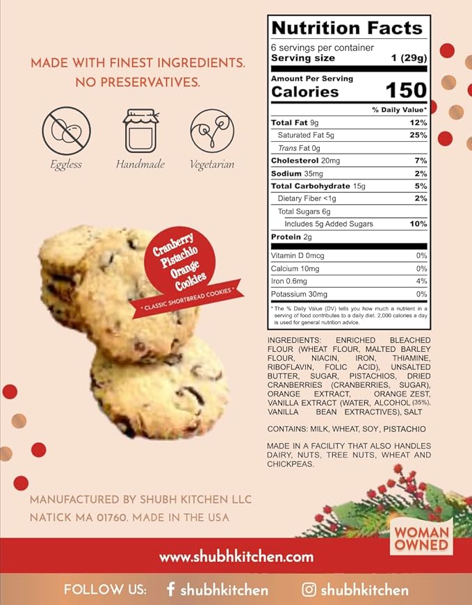 Cranberry Pistachio Orange Cookies- Holiday Gourmet Cookies, 100% Egg-Free & Vegetarian, Handmade