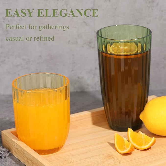 Acrylic Clear Highball Plastic Cups | Plastic Reusable Tumblers 15oz & 20oz (Set of 8) | Stackable