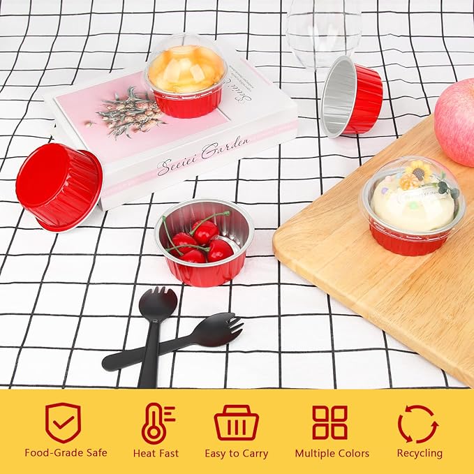 Red Cupcake Liners Muffin Tins 50 Pack,Free-Air 5oz Aluminum Foil Baking Cups with Lids,Disposable