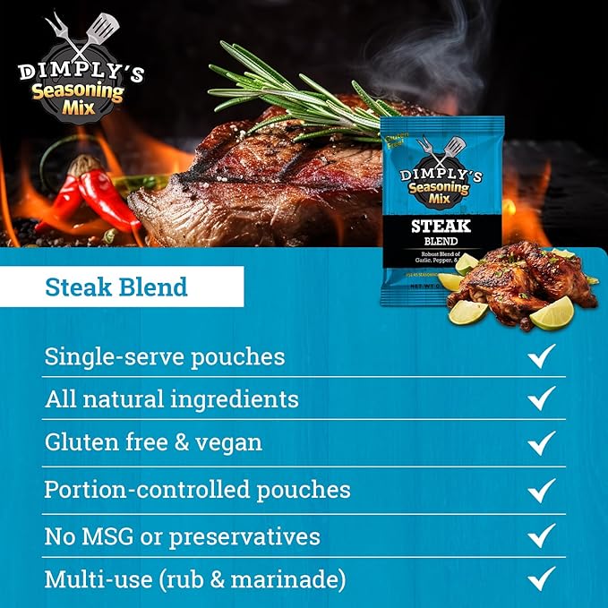 Dimply's Steak Seasoning Mix ??12 Pack, Single Serve Dry Rub and Marinade ??Garlic Pepper Dill