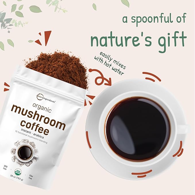 Organic Instant 10 in 1 Mushroom Coffee Powder, 28 Ounce (317 Servings) | Weight & Immune Support |