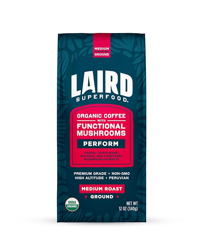 Laird Superfood Peruvian Medium Roast Coffee with Functional Mushrooms, Certified Organic Peruvian