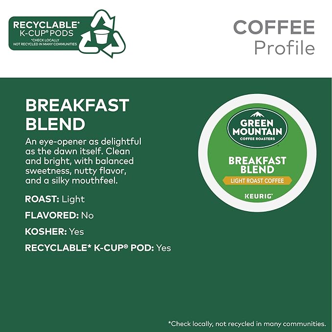 Green Mountain Coffee Roasters Breakfast Blend Single-Serve Keurig K-Cup Pods, Light Roast Coffee