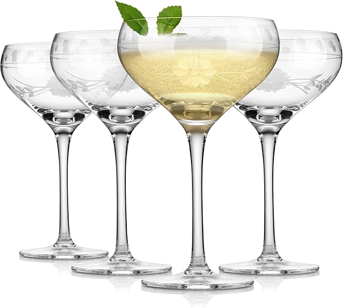 Premium Delight Coupe Glasses Set of 4, 10.8 oz – Hand-Blown with Etched Long Stem, Classic