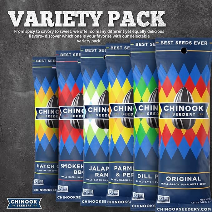 Chinook Seedery Roasted Sunflower Seeds to Eat - 8 Flavor Sampler Pack 1.5 oz (Pack of 8) Jumbo Low