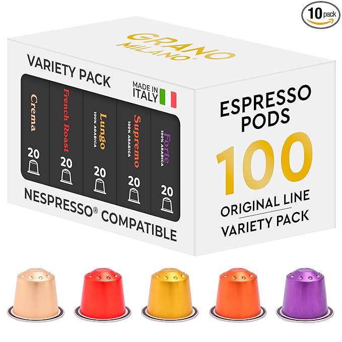 New Grano Milano Variety Pack Coffee Capsules - 100 Aluminum Coffee Pods Compatible with Nespresso