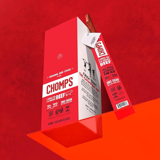 Chomps Grass-Fed and Finished Original Beef Jerky Snack Sticks 24-Pack, Keto, Paleo, Whole30, 10g