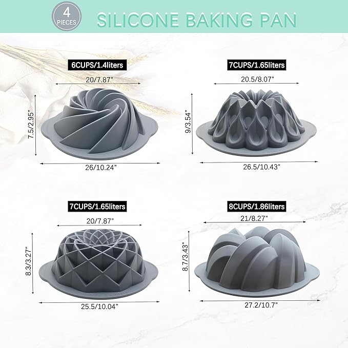 Tongjude 4 Pieces Silicone Fluted Cake Pans, 6/7/8 Cups Tube Baking Pan, Non-Stick Kitchen Oven