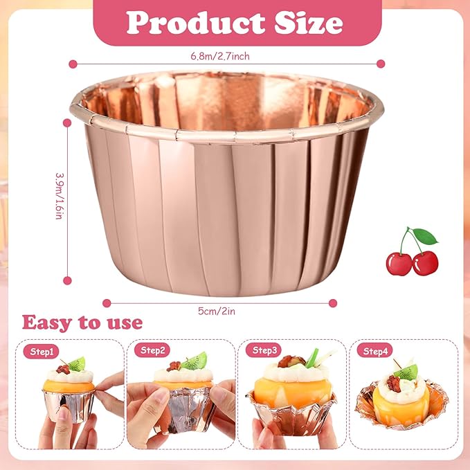 300 Pack Rose Gold Cupcake Liners Bulk Disposable Foil Muffin Cups 3.5 oz Wrappers for Baking
