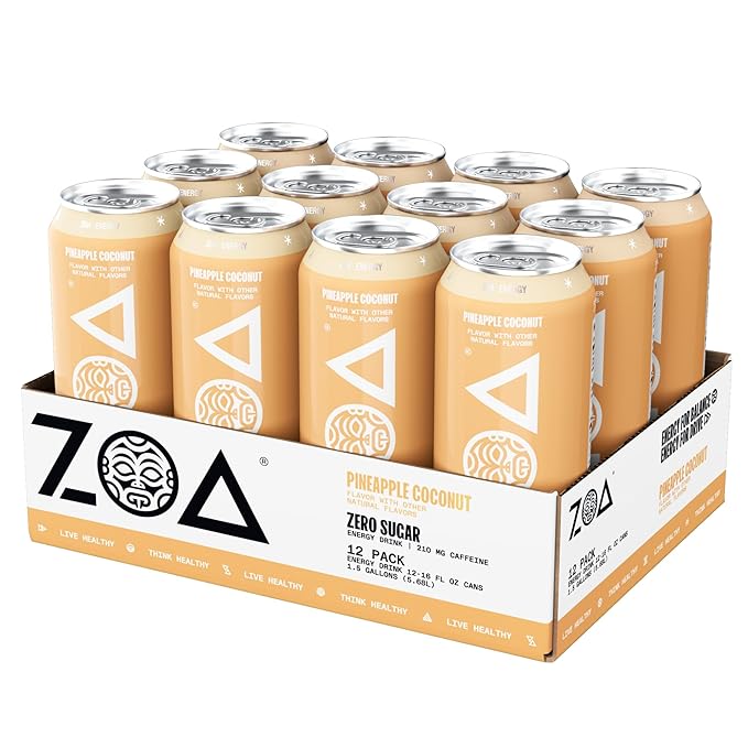 ZOA Zero Sugar Energy Drinks, Pineapple Coconut - Sugar Free with Electrolytes, Healthy Vitamin C