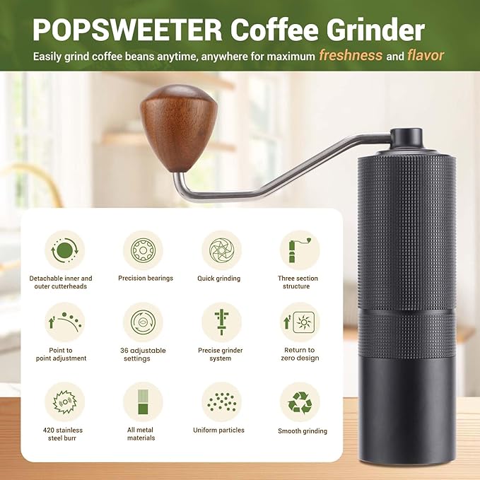 Manual Coffee Bean Grinder,Popsweeter C38 hand coffee grinder with Stainless Steel Conical Grinding