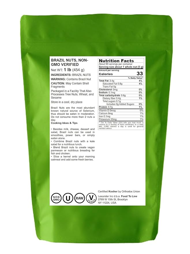 Food to Live - Brazil Nuts, 1 Pound Non-GMO Verified, Raw, Whole, No Shell, Unsalted, Kosher