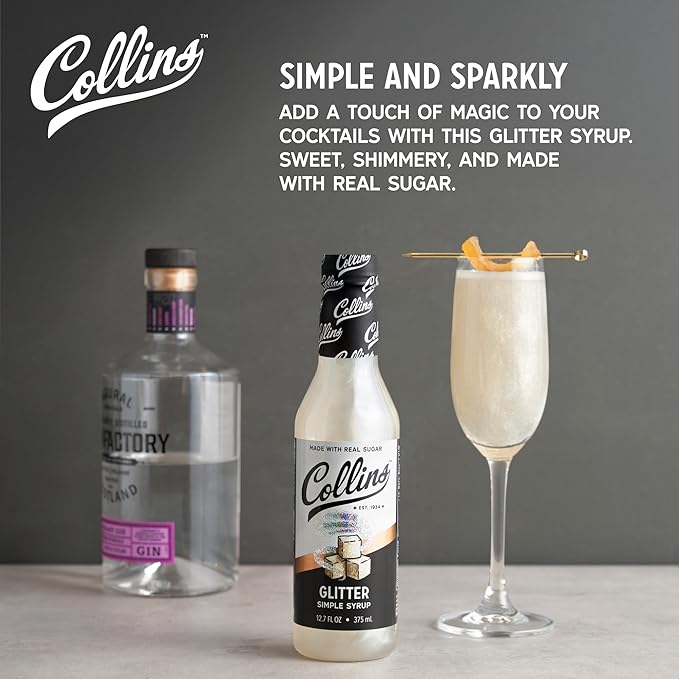 Collins Glitter Simple Syrup, Sparkle Cocktail Mixer with Edible Shimmer, Made with Real Sugar, No