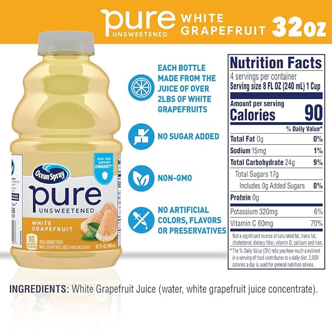 Ocean Spray® Pure Unsweetened White Grapefruit, 100% White Grapefruit Juice, 32 Fl Oz Bottle, (Pack