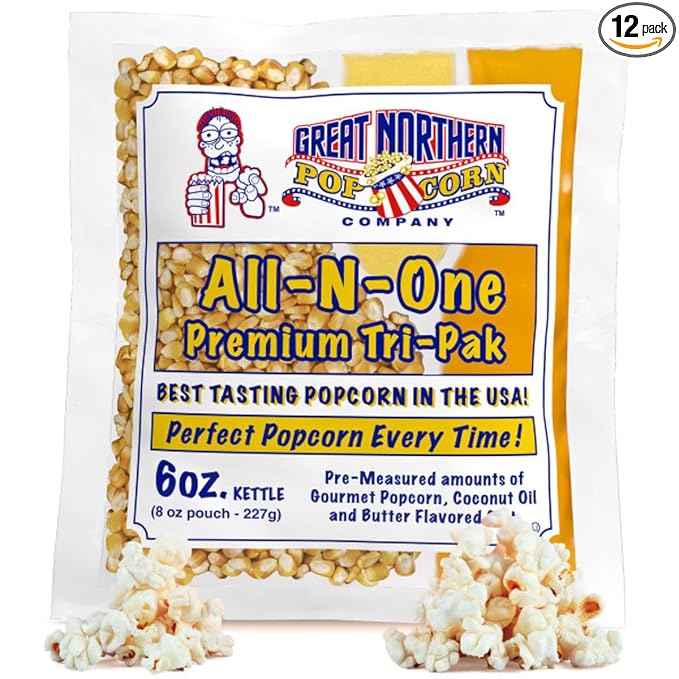 Case of 12 Popcorn Packs - All-In-One Kit with 6-Ounces of Pre-Measured Kernels, Salt, and Oil