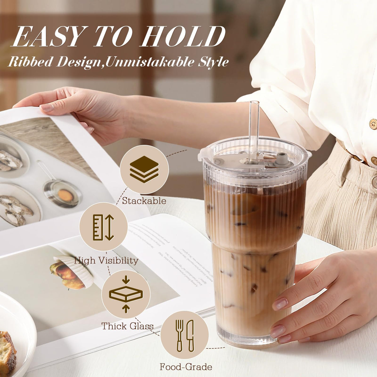 Iced Coffee Cups with Lids: Coffee Bar Accessories - Ribbed Glass Tumbler with Straw and Lid 4Pcs
