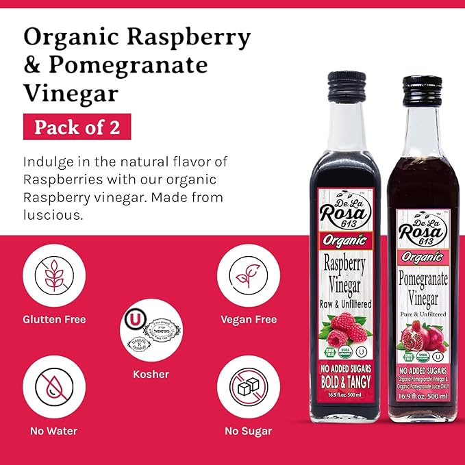 De La Rosa Organic Raspberry & Pomegranate Vinegar, Raw & Unfiltered, Vegan, Gluten Free & Kosher