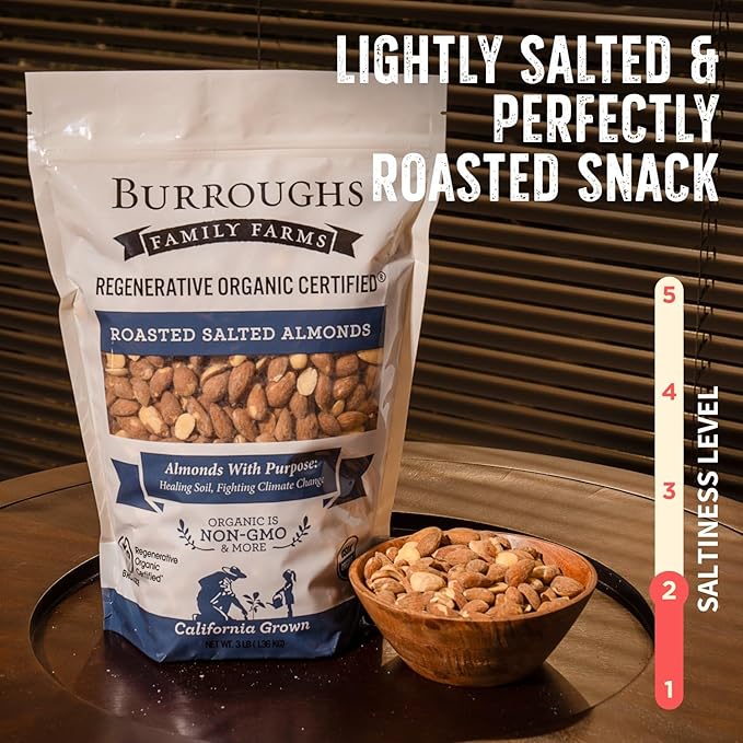 Burroughs Family Farms 3 lb Roasted Salted Almonds – USDA Organic, First Regenerative Organic