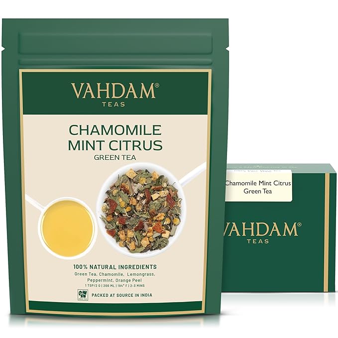 VAHDAM, Chamomile Mint Citrus Green Tea Leaves (50+ Cups, 3.5 oz) Essential Herbs | Green Tea
