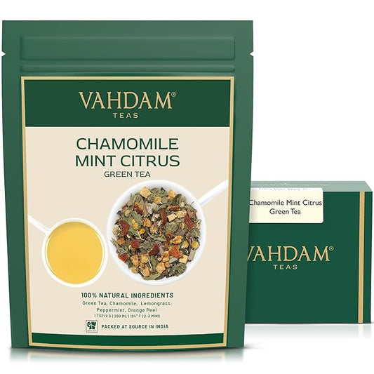 VAHDAM, Chamomile Mint Citrus Green Tea Leaves (50+ Cups, 3.5 oz) Essential Herbs | Green Tea